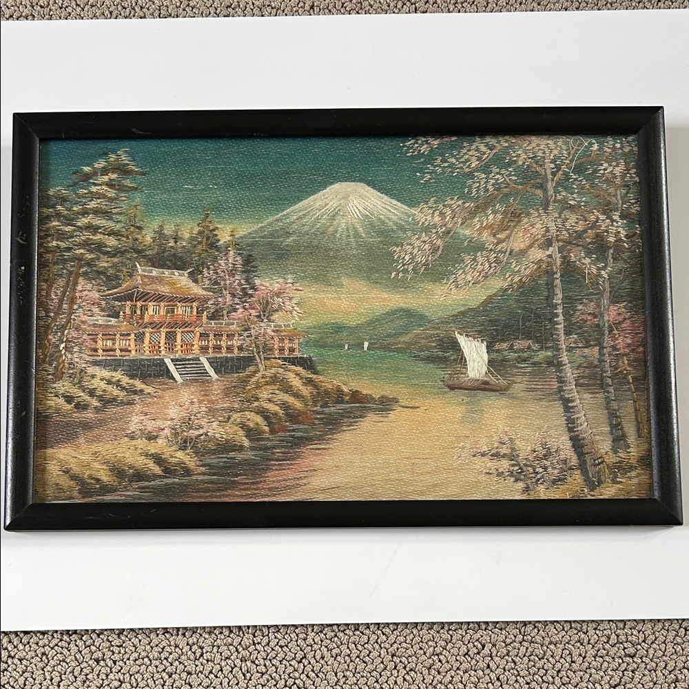 Framed Japanese Hand-Stitched Silk Embroidery Traditional Landscape Feat Mt Fuji